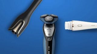 "Συσκευές περιποίησης Philips σε μπλε φόντο: ηλεκτρική ξυριστική μηχανή, κουρευτική μηχανή για γένια και βούρτσα καθαρισμού προσώπου για την προσωπική φροντίδα των ανδρών."